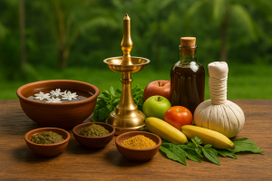 Authentic Ayurvedic healing setup in Kerala with brass lamp, herbal pastes, Ayurvedic oils, fresh fruits, and medicinal herbs arranged on a wooden table against a lush green tropical background.